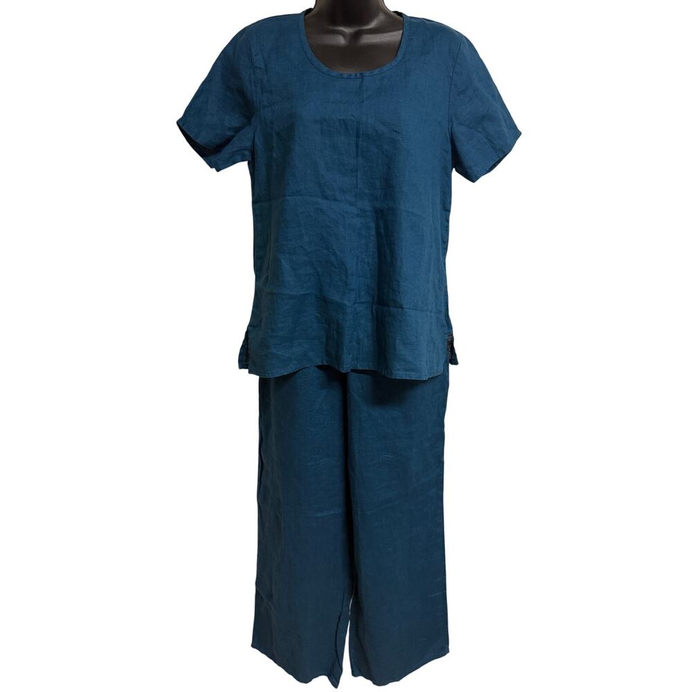 Flax Women Top Crop Pants Size P Teal Linen Short Sleeve Wide Leg Easy Care New